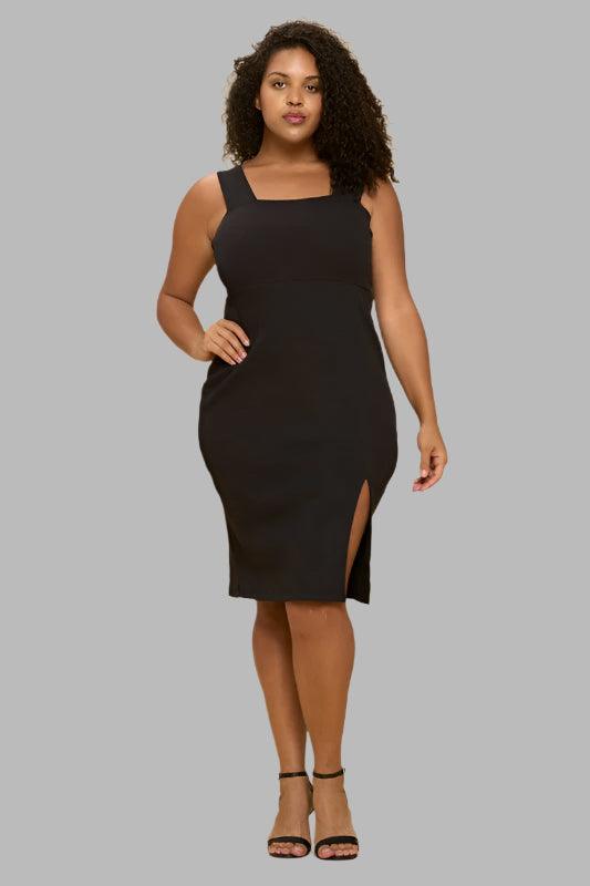 Black Rib Knit Square Neck Dress with Slit Plus Size Knee Length Dresses