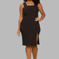 Black Rib Knit Square Neck Dress with Slit Plus Size Knee Length Dresses
