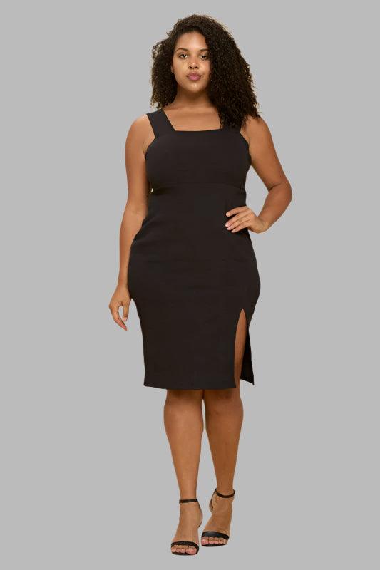 Black Rib Knit Square Neck Dress with Slit Plus Size Knee Length Dresses