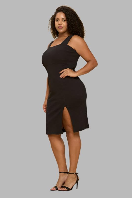 Black Rib Knit Square Neck Dress with Slit Plus Size Knee Length Dresses