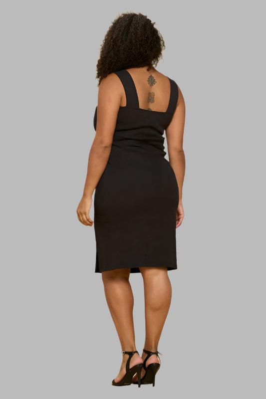 Black Rib Knit Square Neck Dress with Slit Plus Size Knee Length Dresses