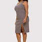 Charcoal Rib Knit Square Neck Dress with Slit Plus Size Knee Length Dresses