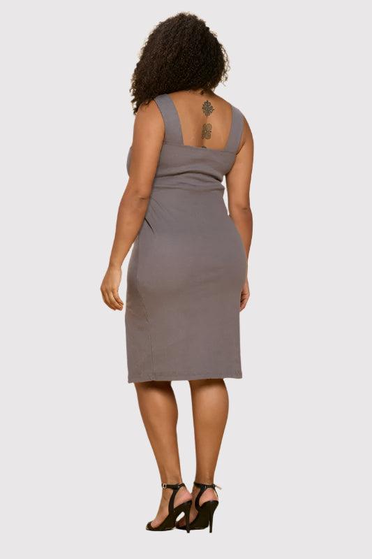 Charcoal Rib Knit Square Neck Dress with Slit Plus Size Knee Length Dresses