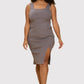 Charcoal Rib Knit Square Neck Dress with Slit Plus Size Knee Length Dresses