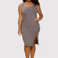 Charcoal Rib Knit Square Neck Dress with Slit Plus Size Knee Length Dresses