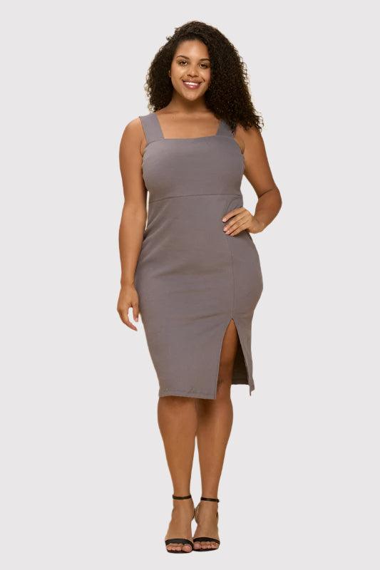 Charcoal Rib Knit Square Neck Dress with Slit Plus Size Knee Length Dresses