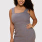 Charcoal Rib Knit Square Neck Dress with Slit Plus Size Charcoal Knee Length Dresses