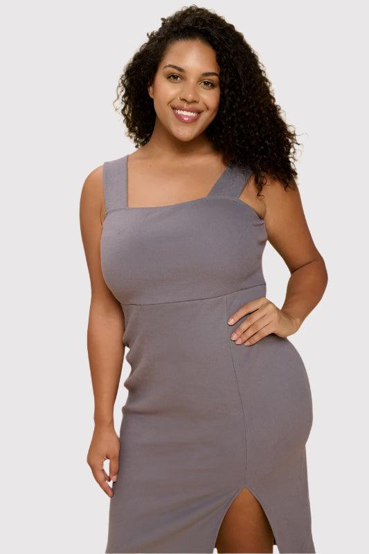 Charcoal Rib Knit Square Neck Dress with Slit Plus Size Charcoal Knee Length Dresses