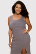 Charcoal Rib Knit Square Neck Dress with Slit Plus Size Charcoal Knee Length Dresses