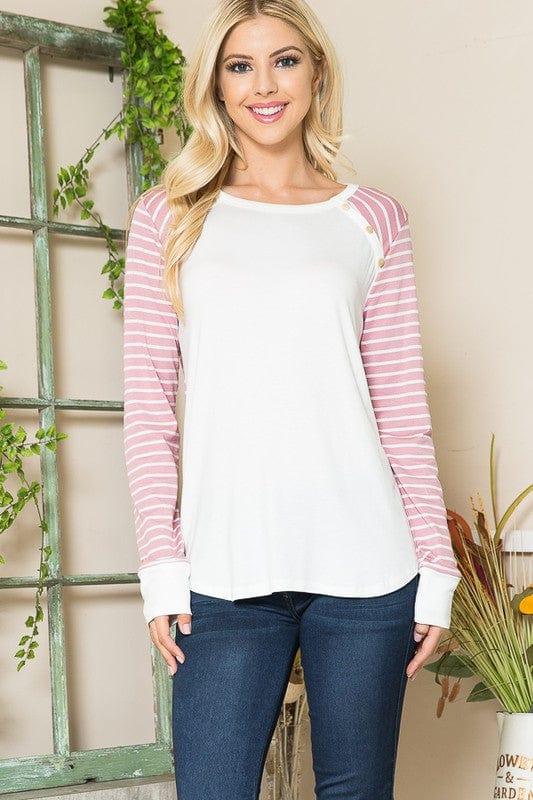 Viscoes Crepe Knit Jersey Stripe Button Top Pink Combo Shirts & Tops