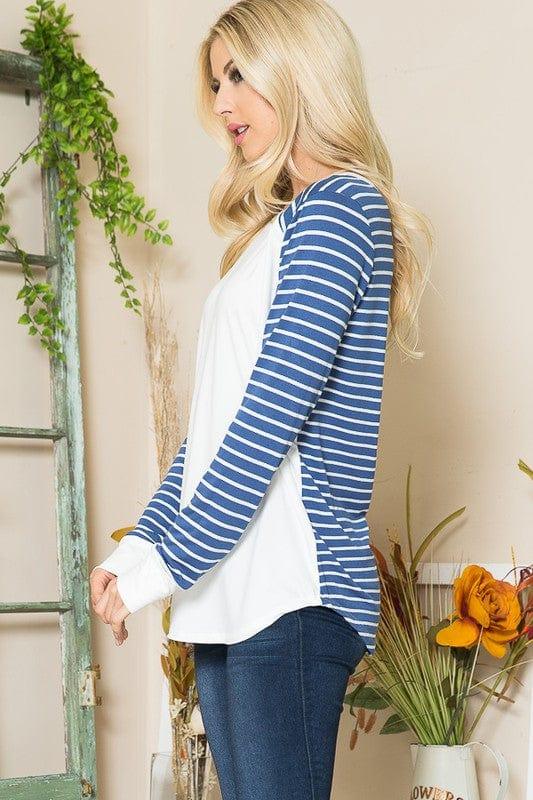 Viscoes Crepe Knit Jersey Stripe Button Top Shirts & Tops