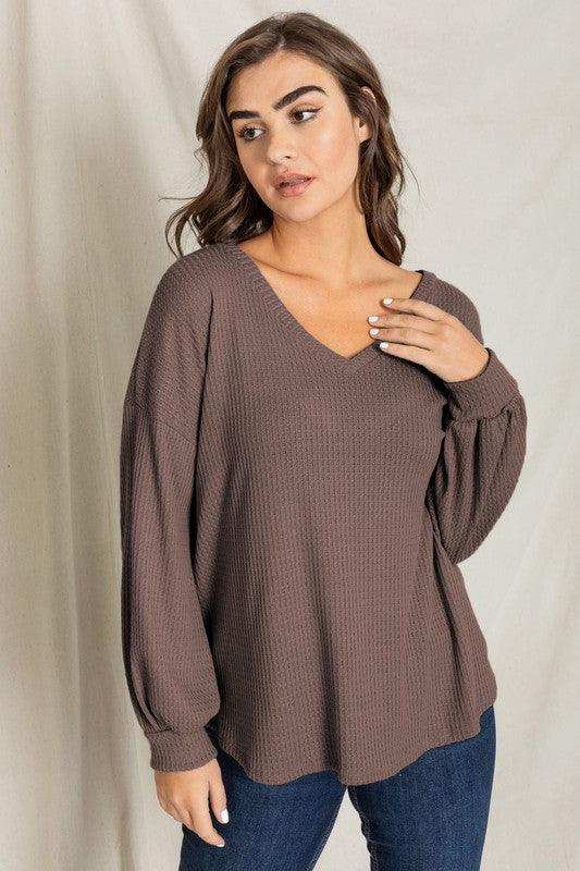 Balloon Sleeve V Neck Top brown Shirts & Tops