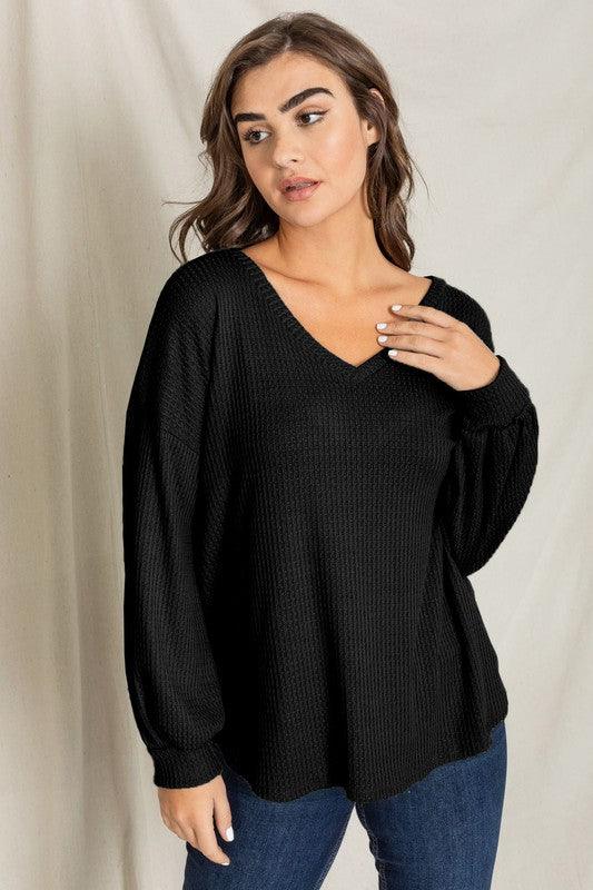 Balloon Sleeve V Neck Top Black Shirts & Tops