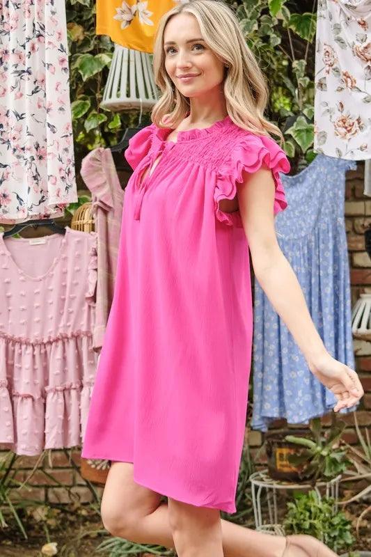 And The Why Ruffle Shoulder Smocked Detailed Dress | Mini Dresses Daverri Fashions