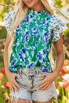Green and blue floral print ruffle sleeve blouse