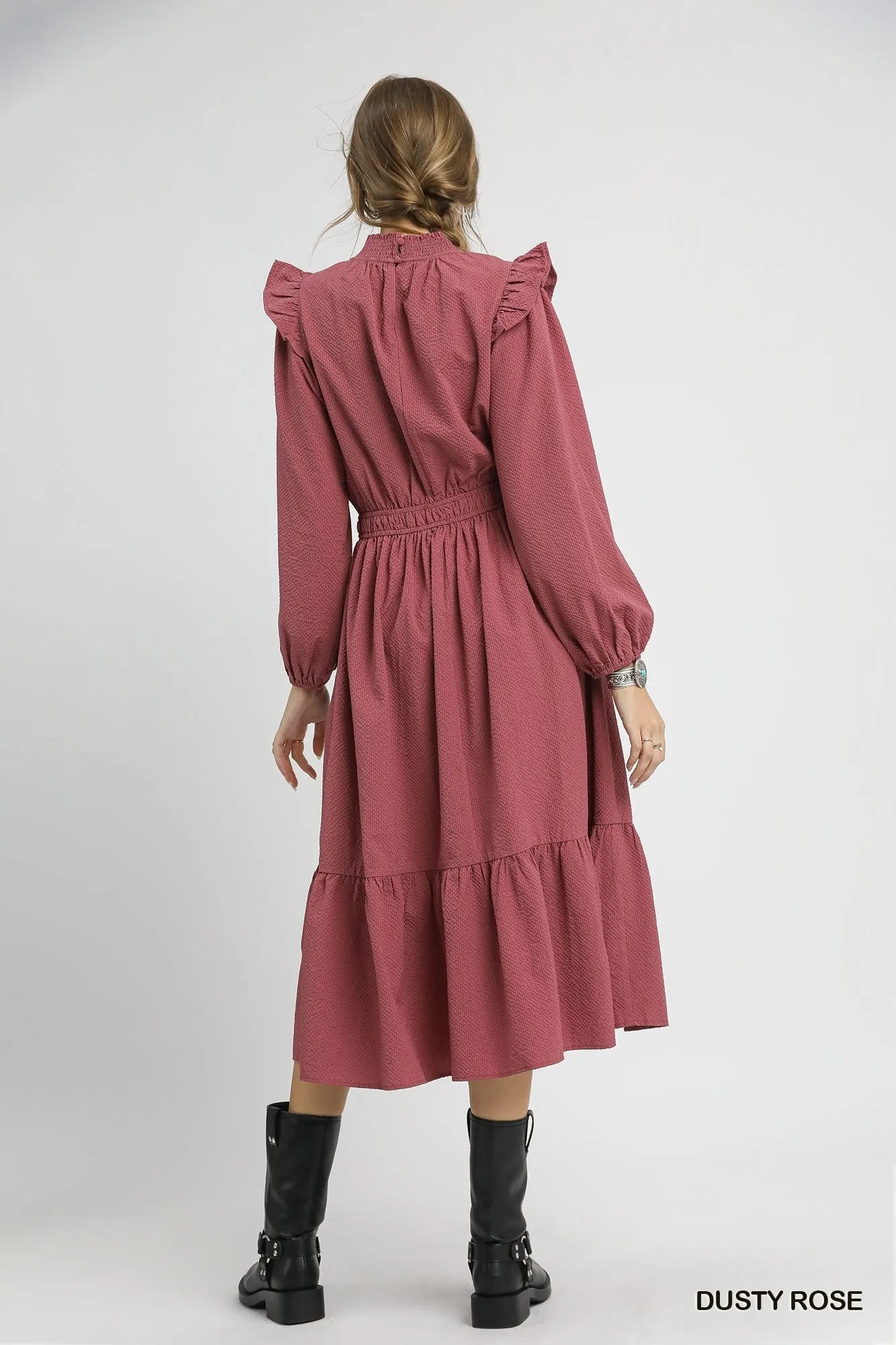 Umgee Textured Midi Dress with Ruffle Shoulder Detail
