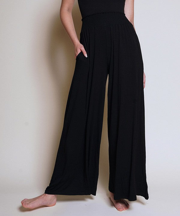 Smocked Waist Organic Bamboo Palazzo Pants BLACK Pants