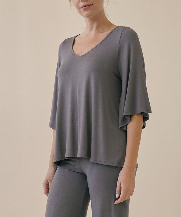 Full Size Flared Sleeve Bamboo Top Tops