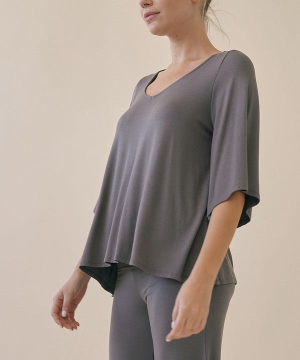 Full Size Flared Sleeve Bamboo Top Tops