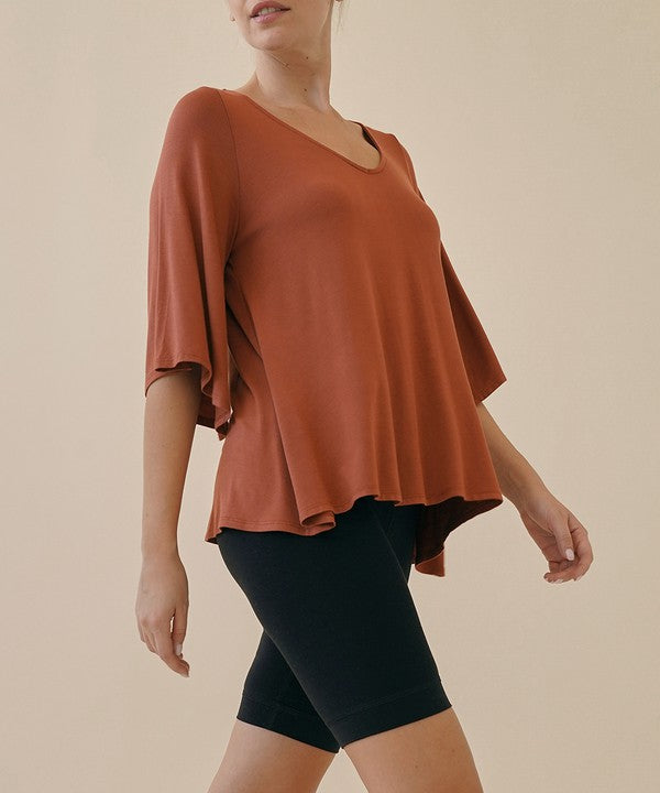 Full Size Flared Sleeve Bamboo Top RUST Tops