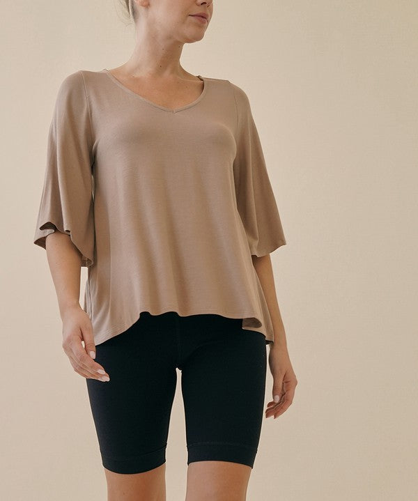 Full Size Flared Sleeve Bamboo Top TAUPE Tops