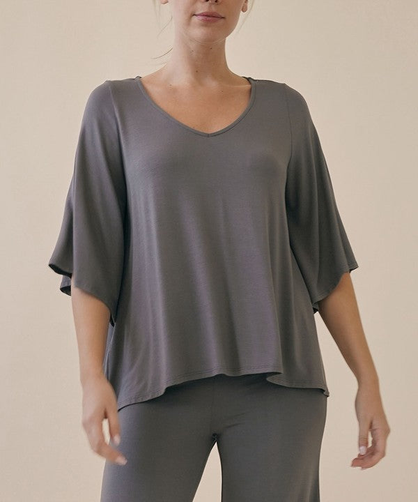 Full Size Flared Sleeve Bamboo Top DULL GREY Tops