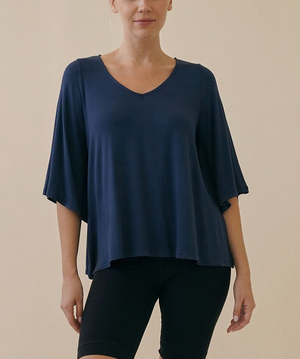 Full Size Flared Sleeve Bamboo Top SLATE NAVY Tops