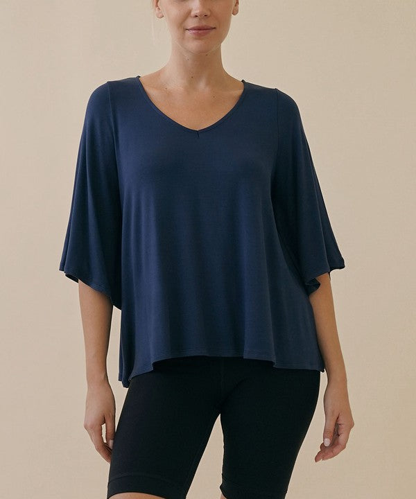 Full Size Flared Sleeve Bamboo Top SLATE NAVY Tops