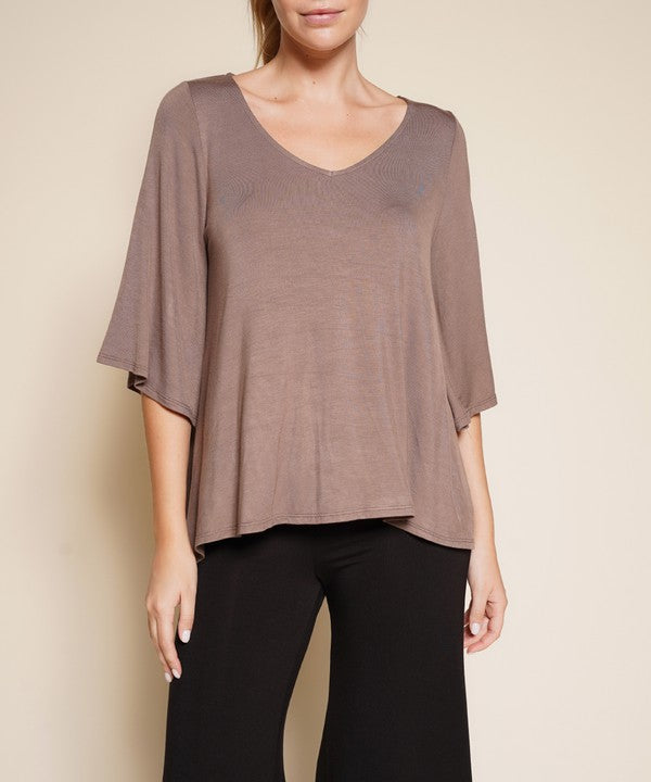 Full Size Flared Sleeve Bamboo Top MOCHA Tops