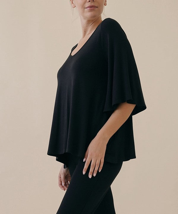 Full Size Flared Sleeve Bamboo Top Tops