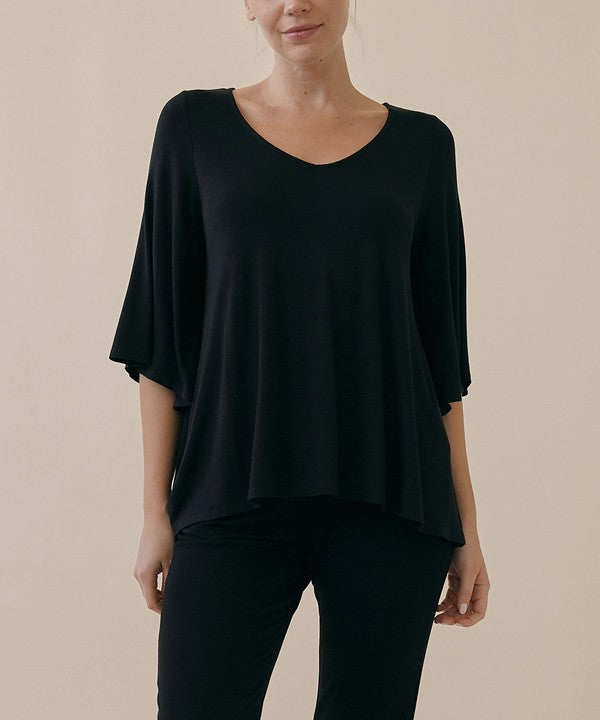 Full Size Flared Sleeve Bamboo Top BLACK Tops