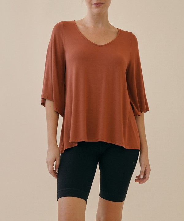 Full Size Flared Sleeve Bamboo Top Tops