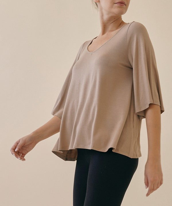 Full Size Flared Sleeve Bamboo Top Tops