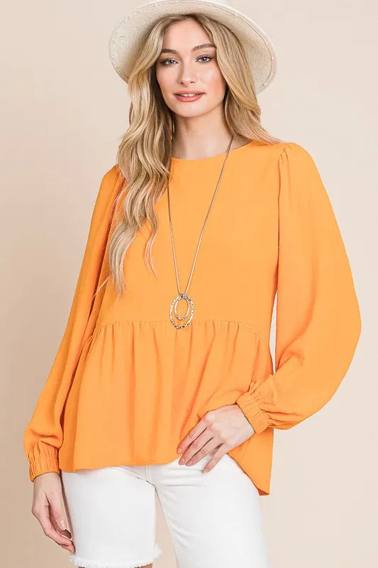 Lime 'N' Chili Round Neck Ruffle Hem Balloon Sleeve Blouse ORANGE