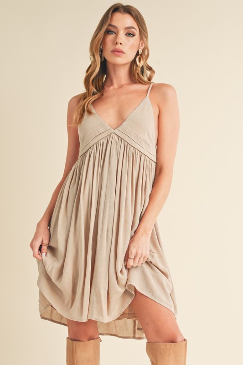 Aemi + Co Ruched Plunge Mini Cami Dress Natural