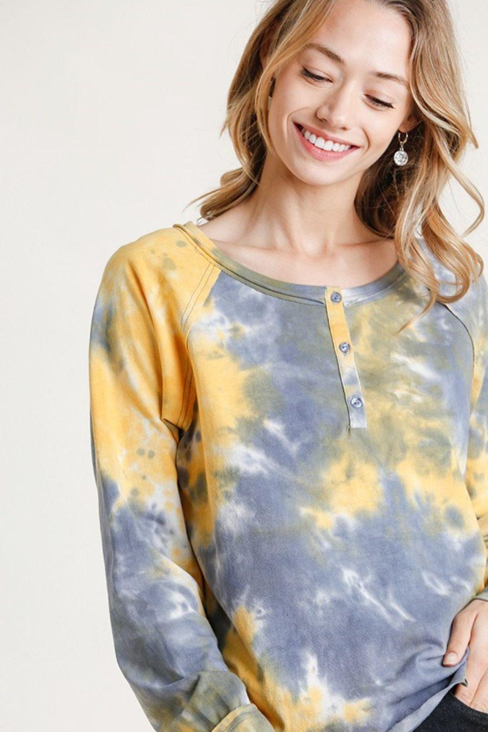 Umgee Full Size Tie Dye Button Front Long Raglan Sleeve Top Plus Size YELLOW MIX M