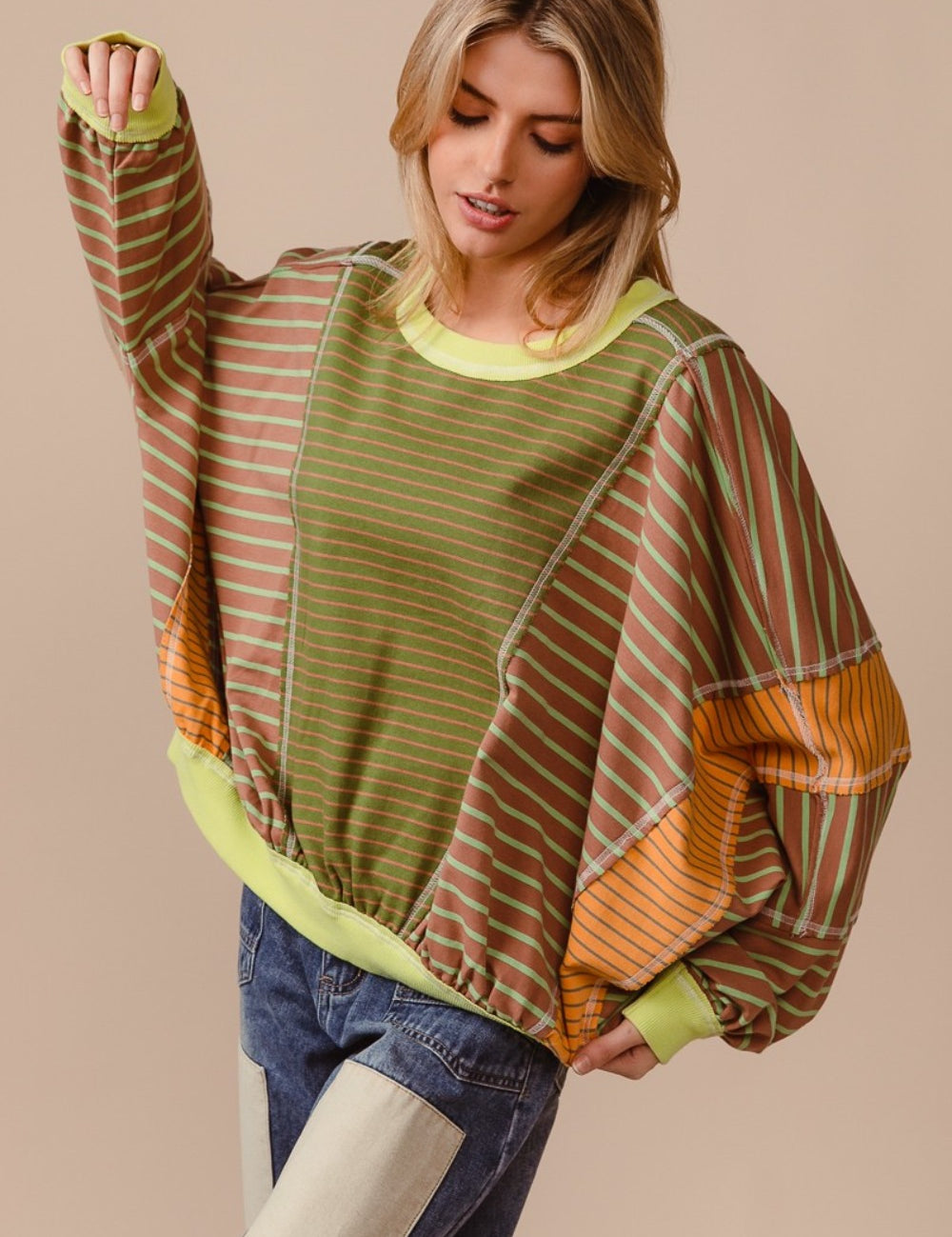 BiBi Color Block Striped Round Neck Sweatshirt Olive Latte Tops