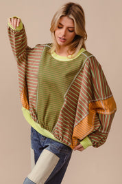 BiBi Color Block Striped Round Neck Sweatshirt Olive Latte Tops