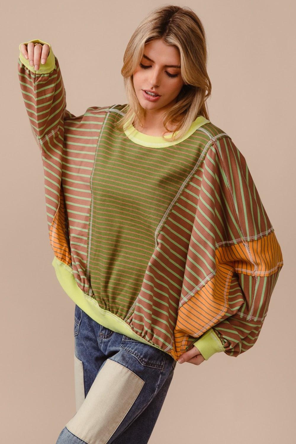 BiBi Color Block Striped Round Neck Sweatshirt Olive Latte M Sweatshirts