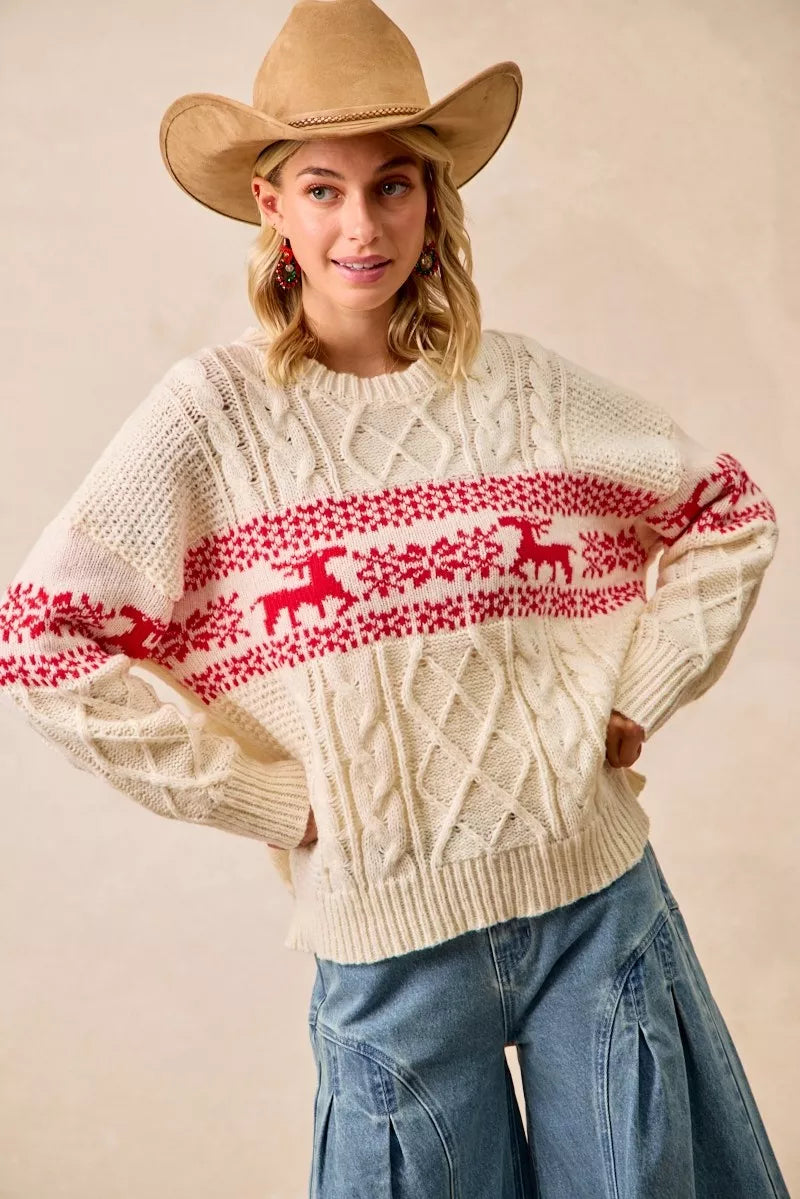 BiBi Christmas Theme Patterned Cable Knit Sweater | Daverri Fashions