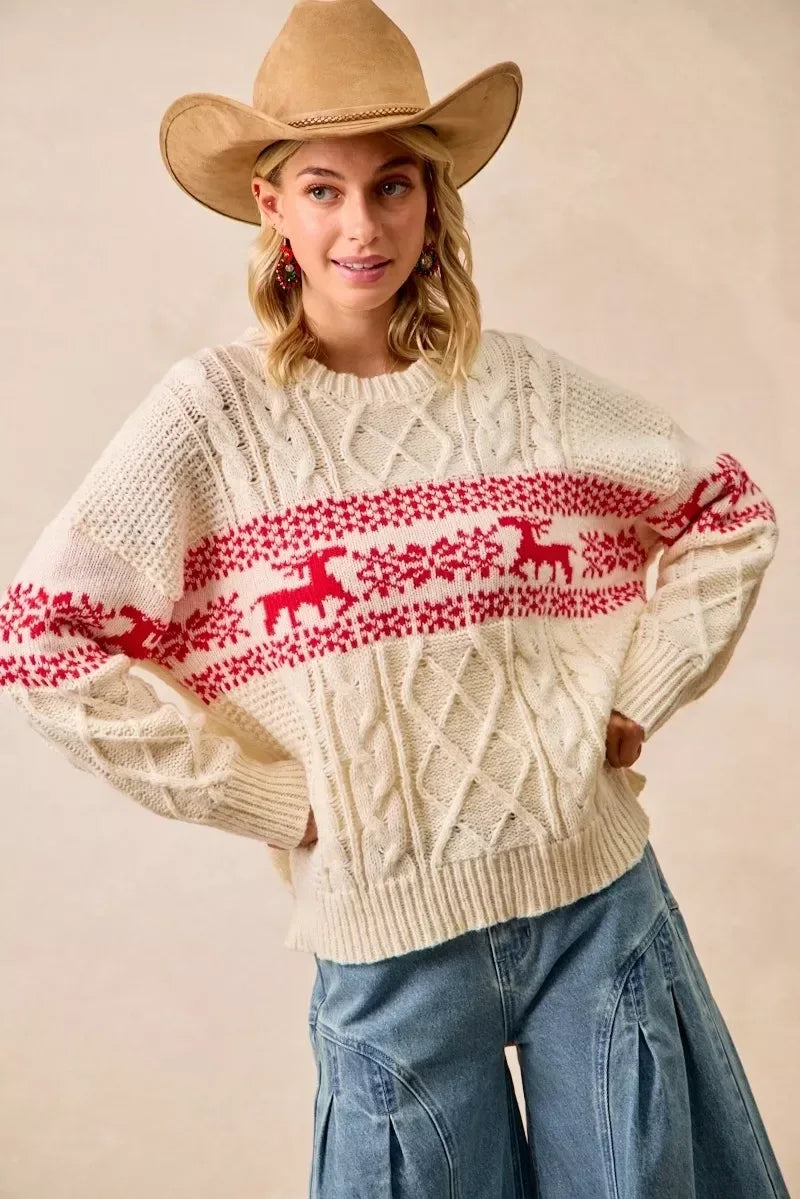BiBi Christmas Theme Patterned Cable Knit Sweater - DAVERRI FASHIONS