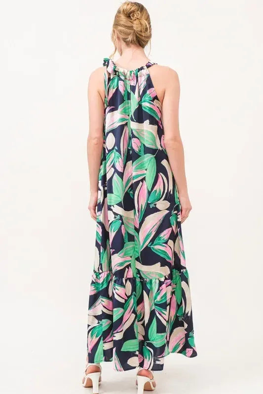 And The Why Botanical Printed Halterneck Tiered Maxi Dress - DAVERRI FASHIONS