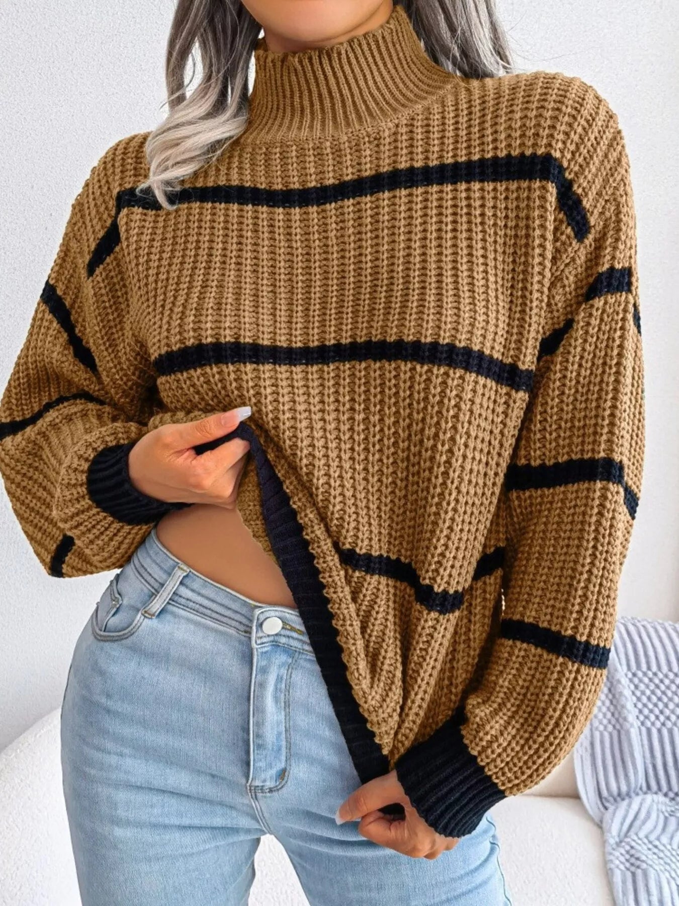Cozy camel turtleneck sweater with black stripes and ribbed cuffs, plus size