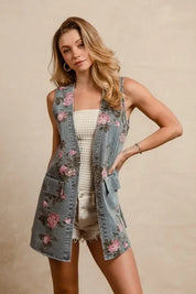 BiBi Floral Print Washed Denim Long Rider Vest with pockets and lace trim