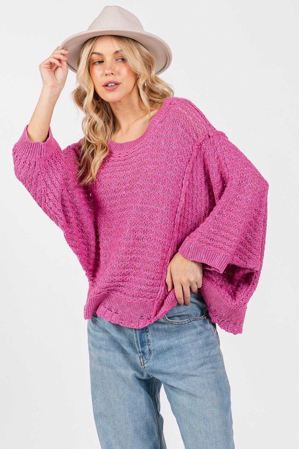 SAGE + FIG Magenta Distressed Asymmetrical Open Stitch Sweater - DAVERRI FASHIONS