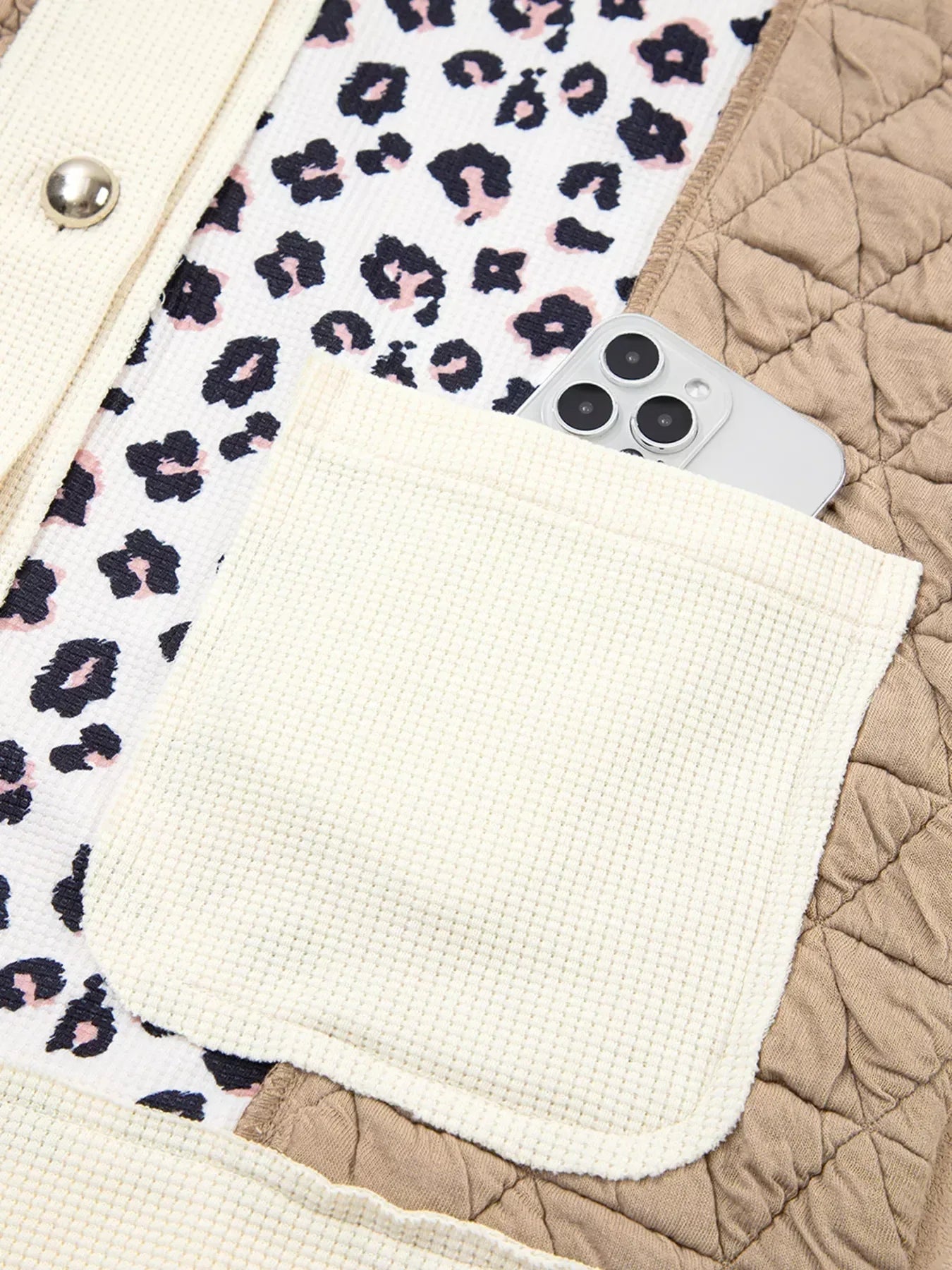 Leopard Waffle Quilted Patchwork Button Front Jacket - DAVERRI FASHIONS