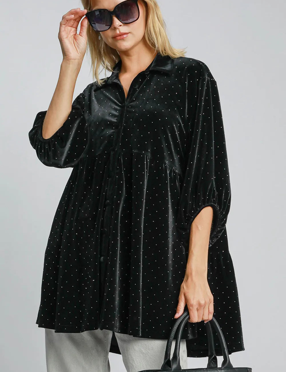 Black Umgee Full Size Polka Dot Button Up Half Sleeve Shirt | Daverri Fashions