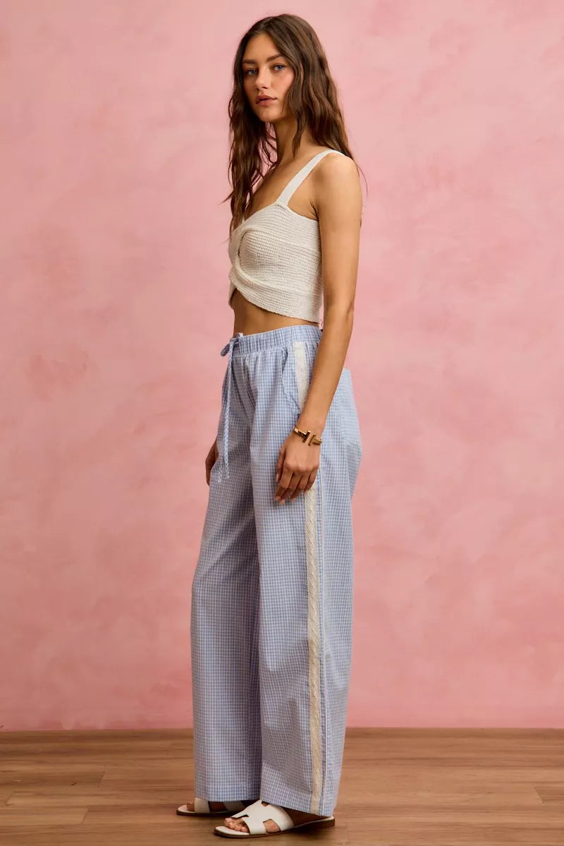 SO ME wide check pants with light blue white gingham drawstring waist