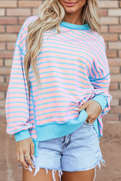 Pastel pink and light blue striped high-low long sleeve sweatshirt