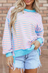 Pastel pink and light blue striped high-low long sleeve sweatshirt